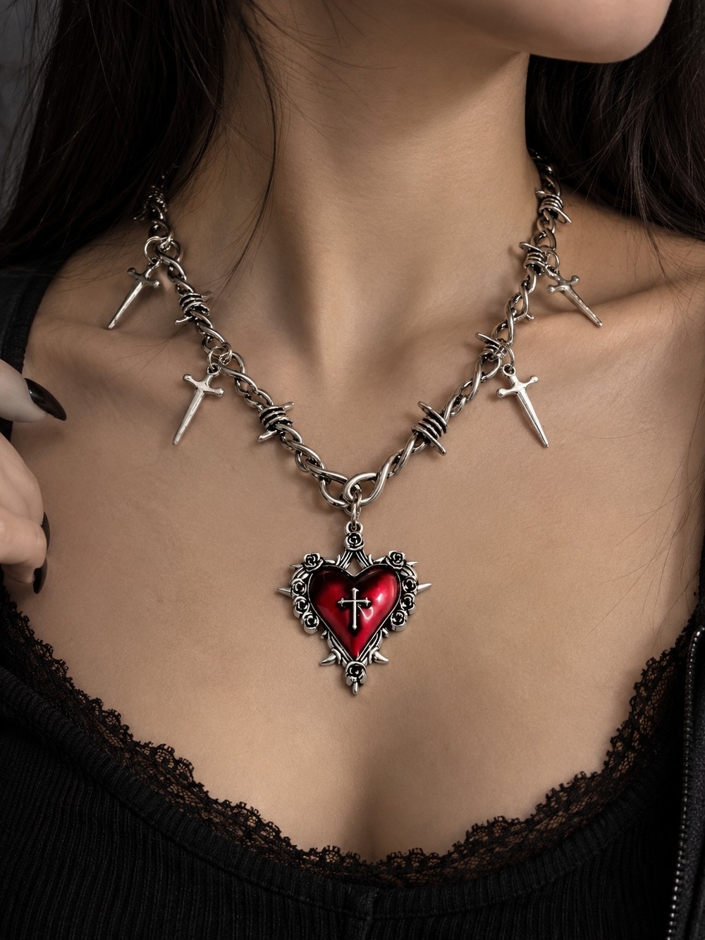 Vintage Red Heart Cross Pendant Necklace - Gothic Silver Tone Chain